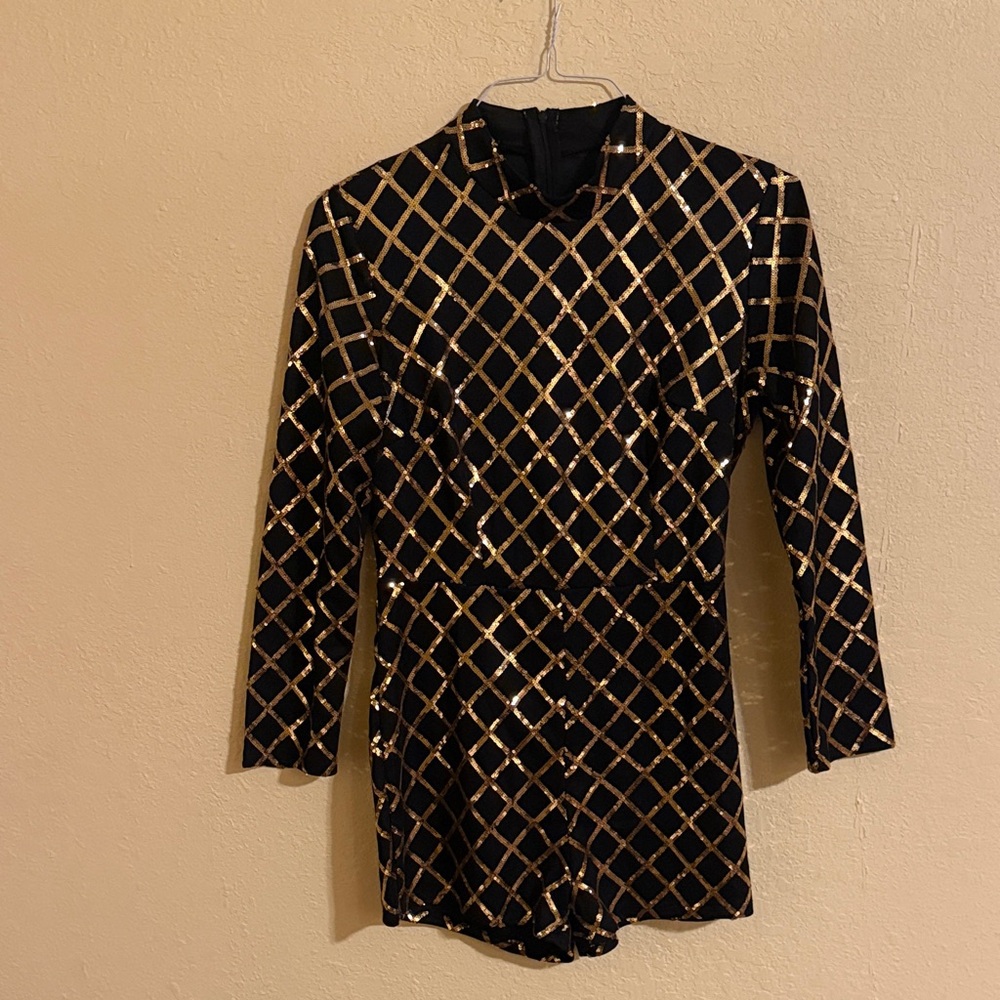 Black and Gold Geometric Long Sleeve Romper